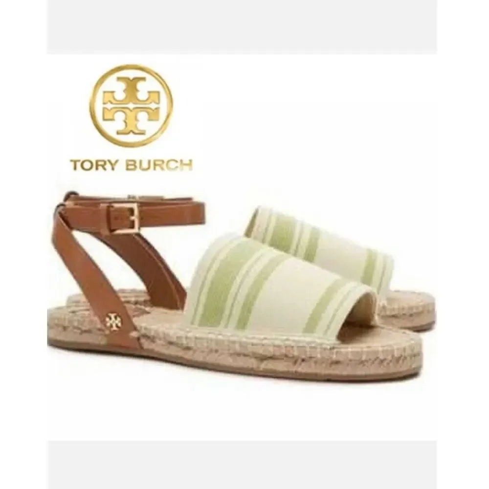 Tory Burch green white canvas summer Espadrille strappy sandals size 7.5